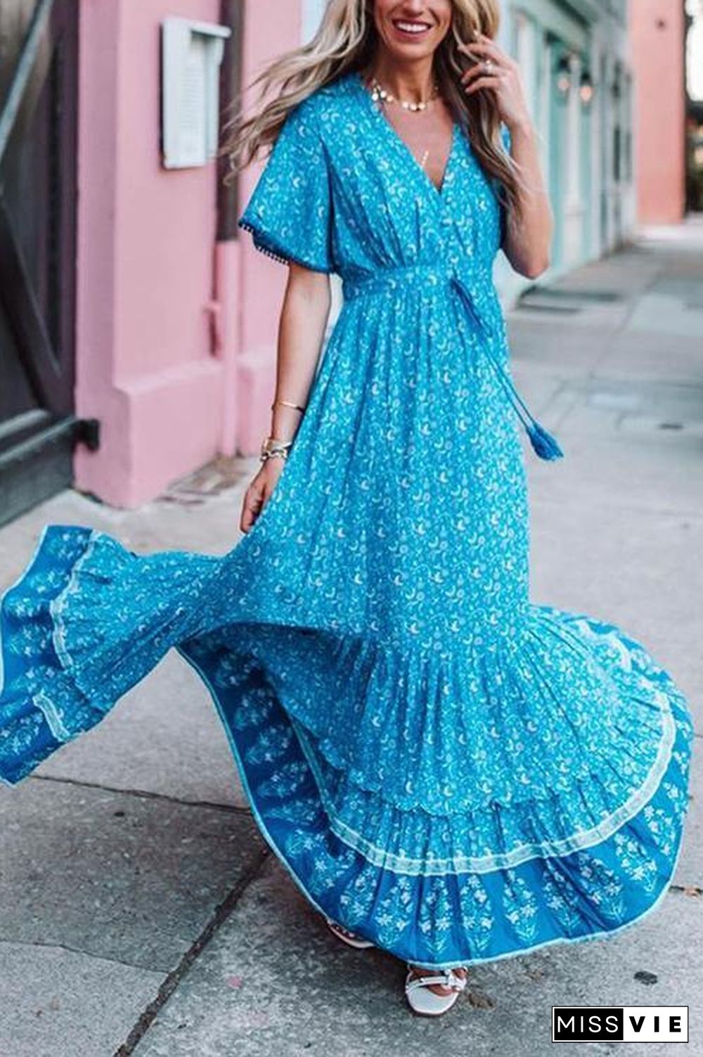 Floral Print Short Sleeve Maxi Dress