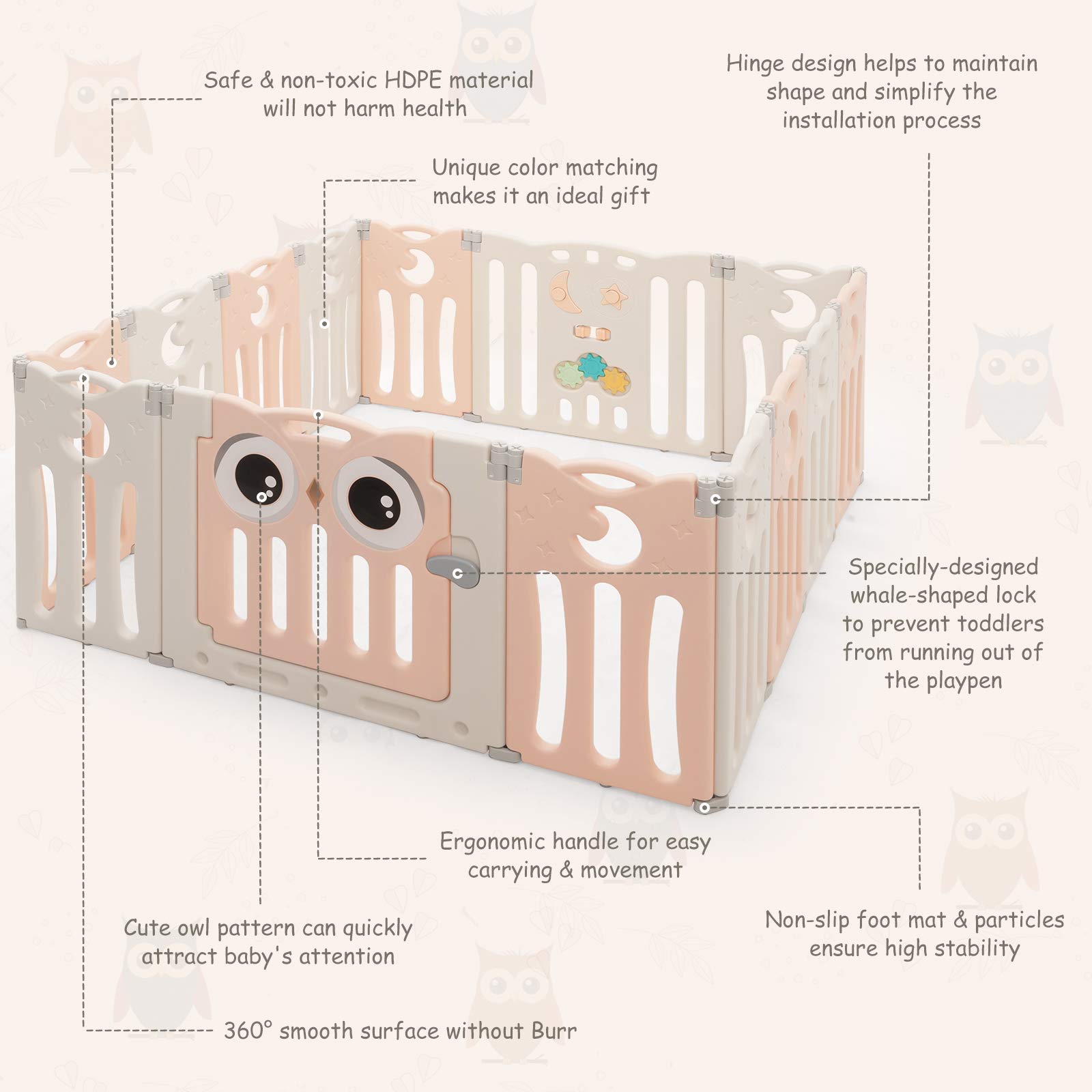 Costzon Foldable Baby Playpen, 14-Panel Baby Fence with Lock Door