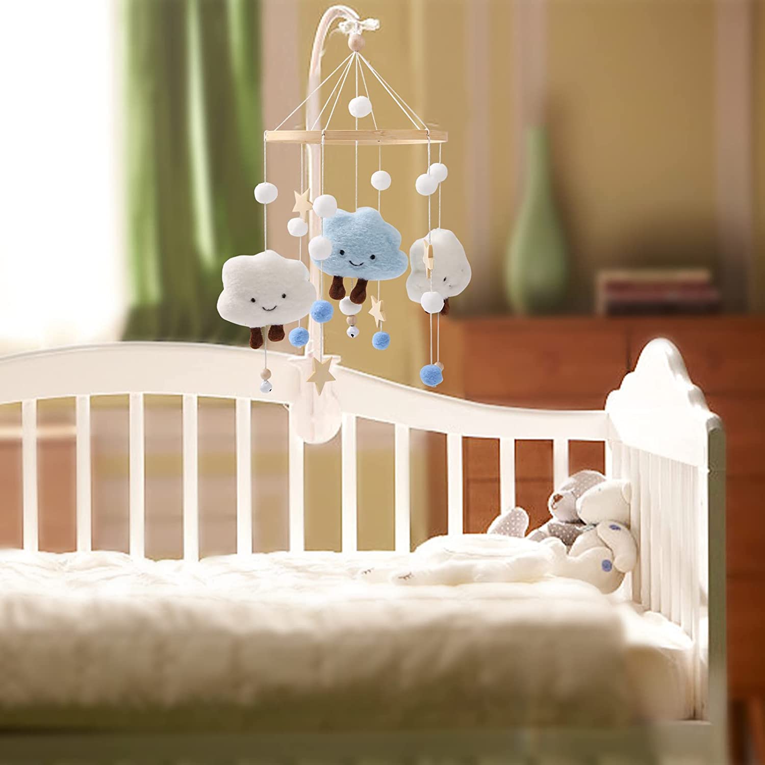 Baby Mobile for Crib， Boho Cloud Macrame Tassels with Hanging Rotating Toys Boho Nursery Decor Infant Bed Decoration for Newborn Boys and Girls， Blue