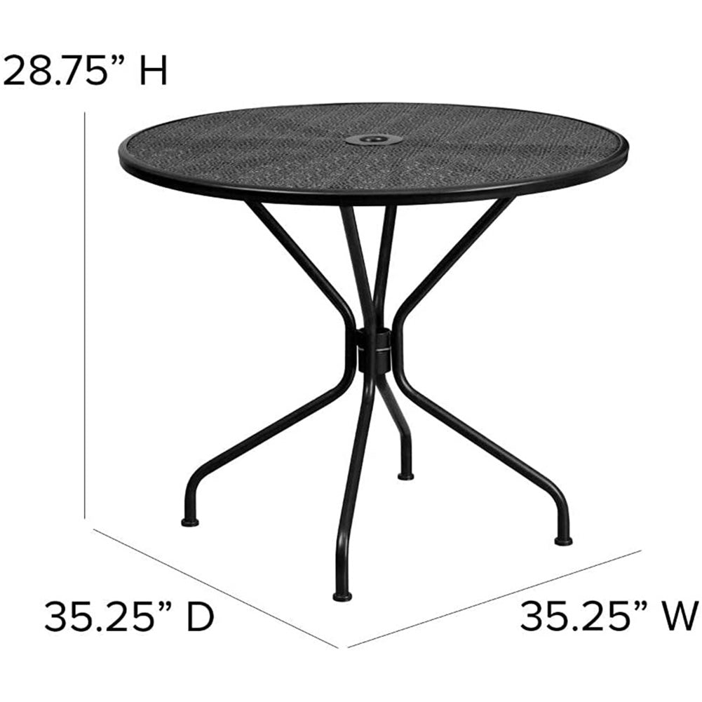 Commercial grade 35.25" round black indoor/outdoor steel patio table with umbrella hole