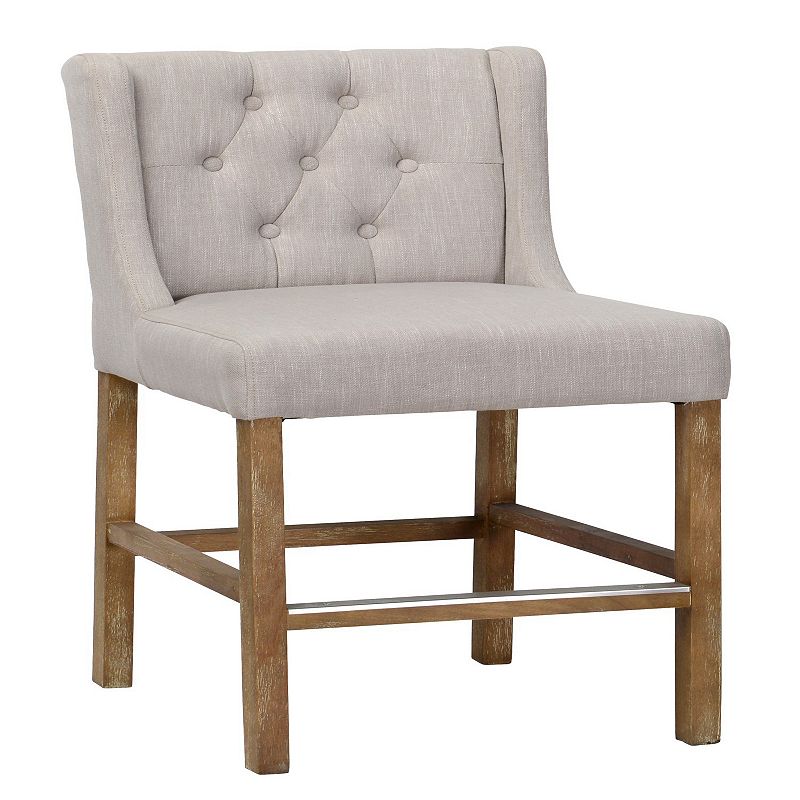 Wooden Counter Height Stool with Fabric Padded Seat and Tufted Wing Back， Beige and Brown