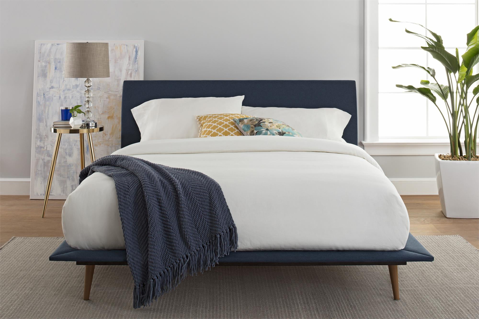 Better Homes & Gardens Flynn Mid Century Bed, Platform Frame, Queen, Blue Linen