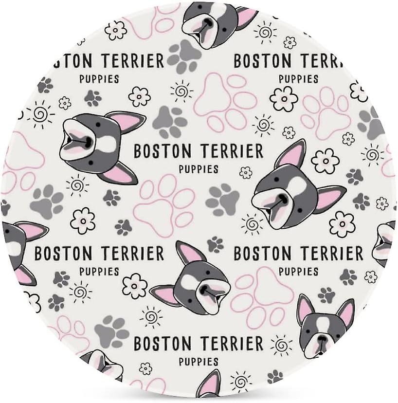 1pc Round Boston Terrier Puppies Ceramic Coasters With Cork-backed For Coffee Drink Cup Mat Absorbent Stone Coasters