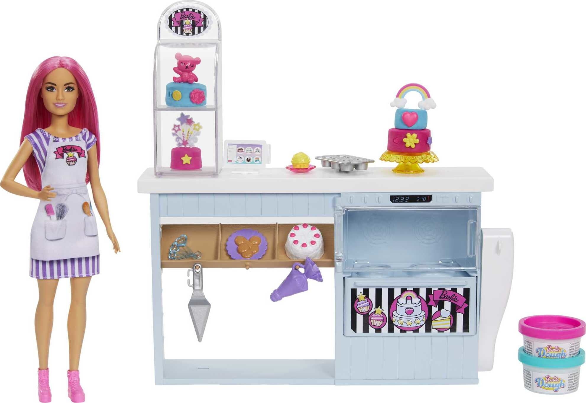 Barbie Bakery Doll & 20+ Accessories, Pink-Haired Petite Doll, Baking Station & Cake-Making Toys