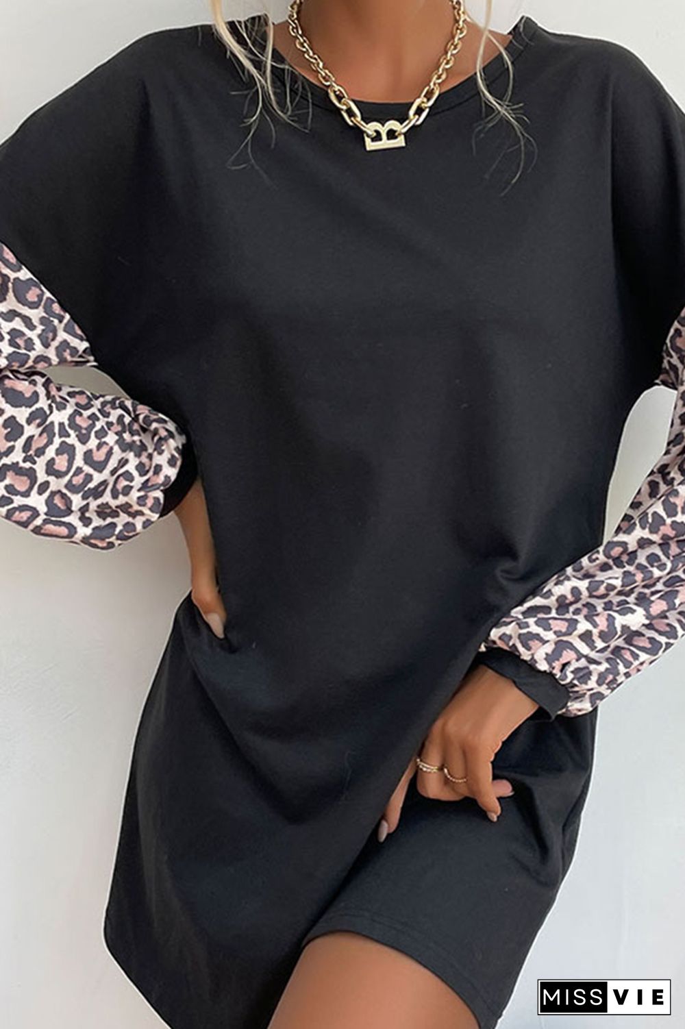 Leopard Print Patchwork Pullover Long Sleeves T-Shirt Dress Wholesale