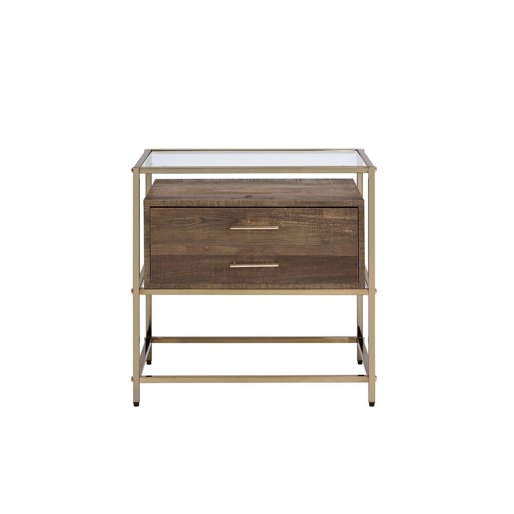 Metal Frame Nightstand Accent Table Walnut Champagne Finish 15\