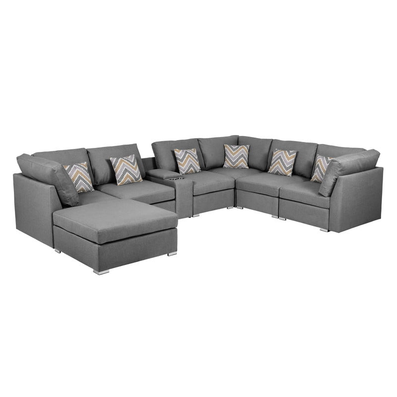 Amira Gray Fabric Reversible Modular Sectional Sofa with USB Console and Ottoman