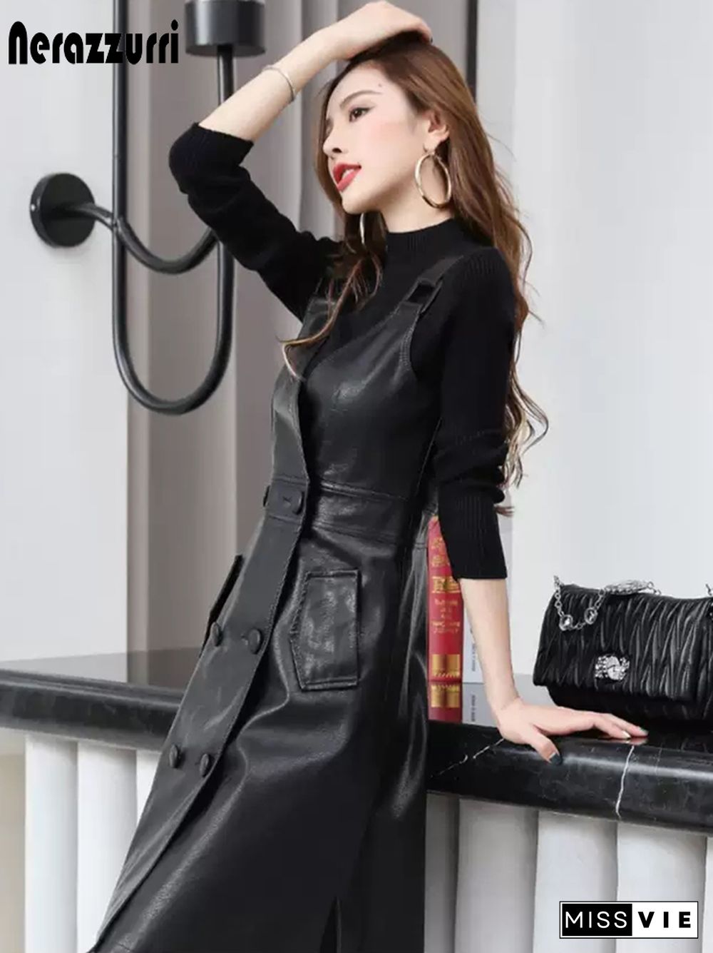 Summer Long Black Pu Leather Dress Women Strap Midi Faux Leather Dresses For Women Womens Elegant Korean Fashion