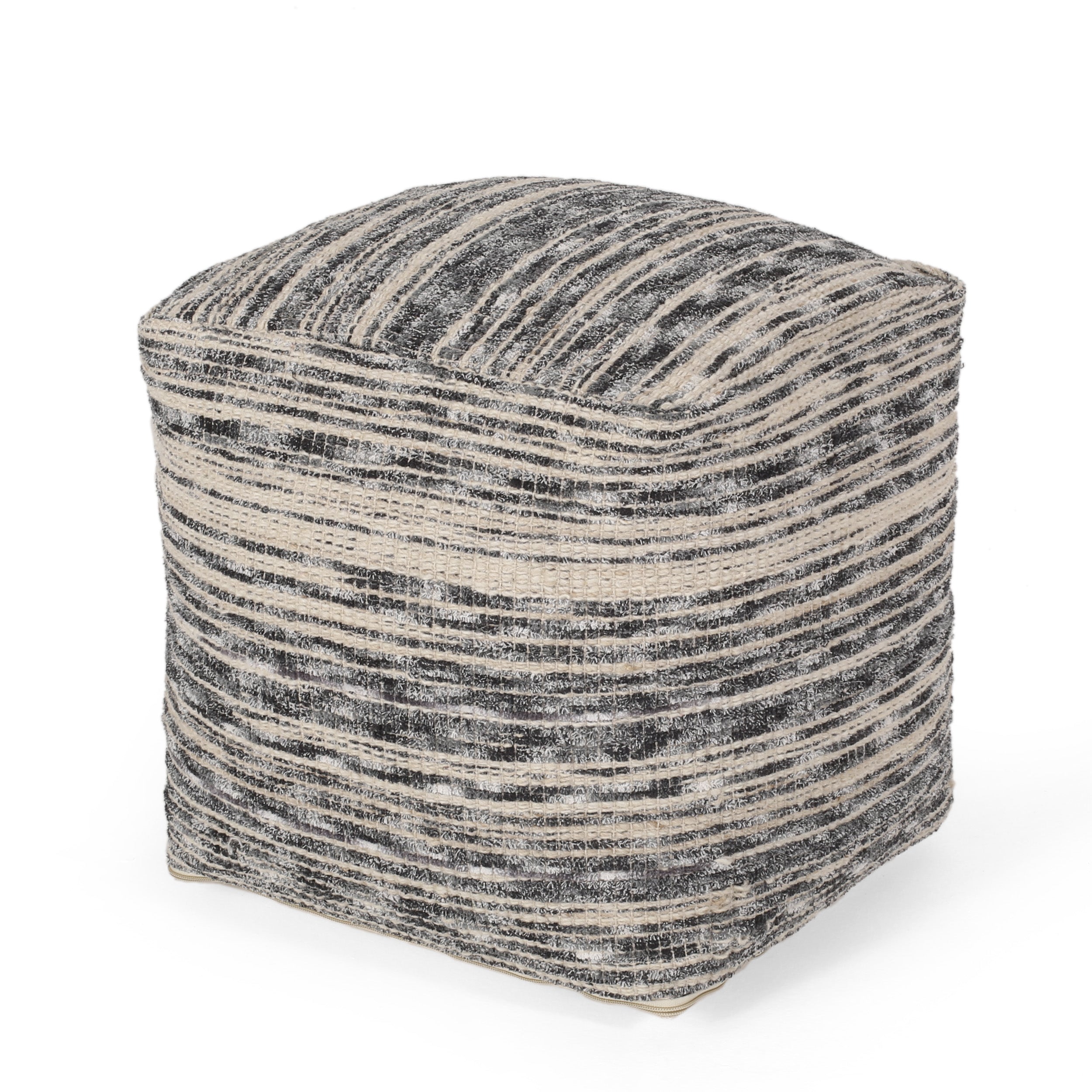 Ricketson Lazenby Boho Handcrafted Fabric Cube Pouf, Ivory, Gray, and Black