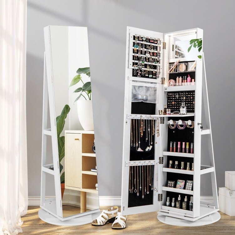 360° Rotating Mirrored Jewelry Cabinet Armoire 3 Color LED Modes Lockable   21.5\