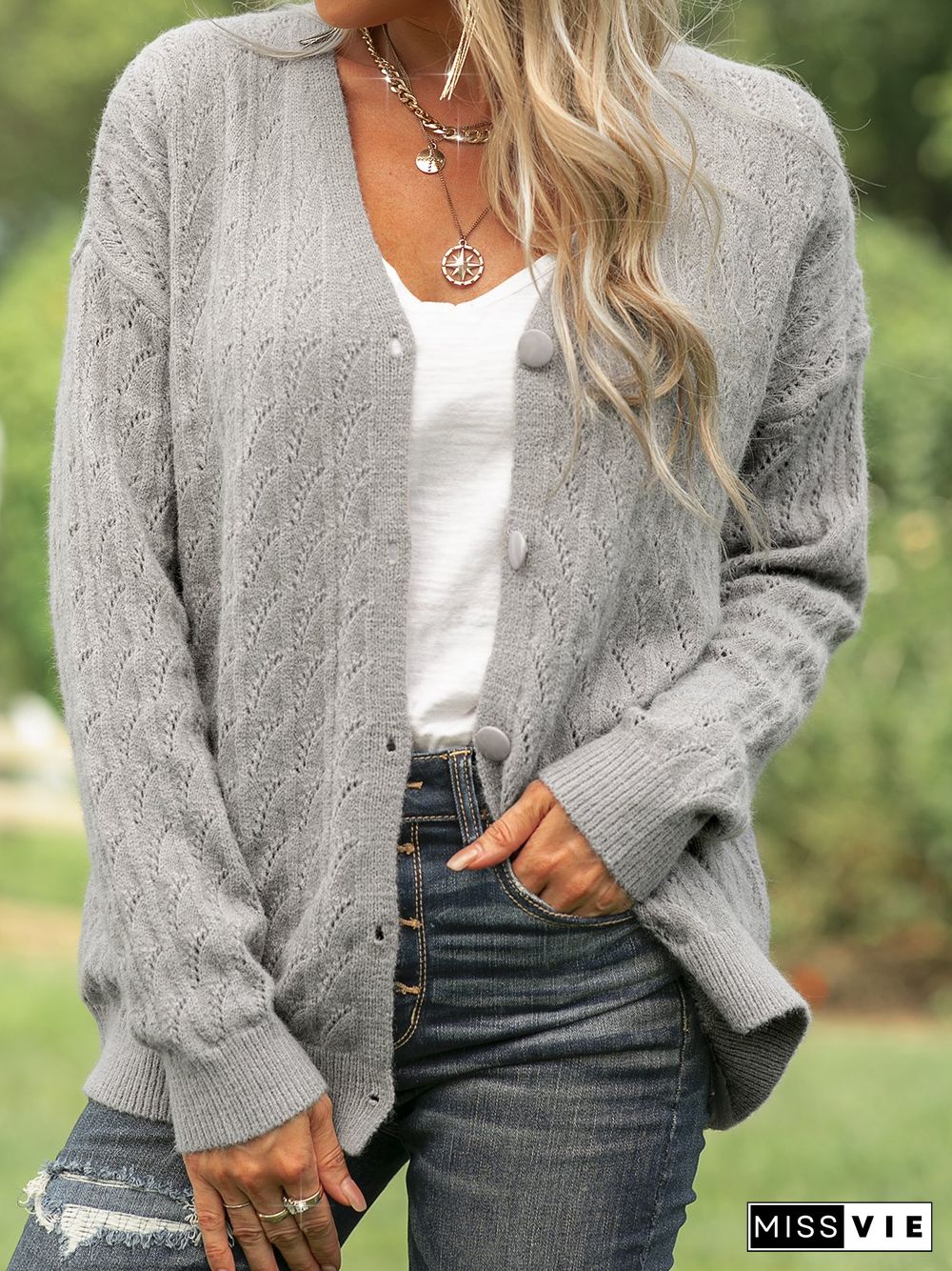 V Neck Casual Long Sleeve Plain Cardigan