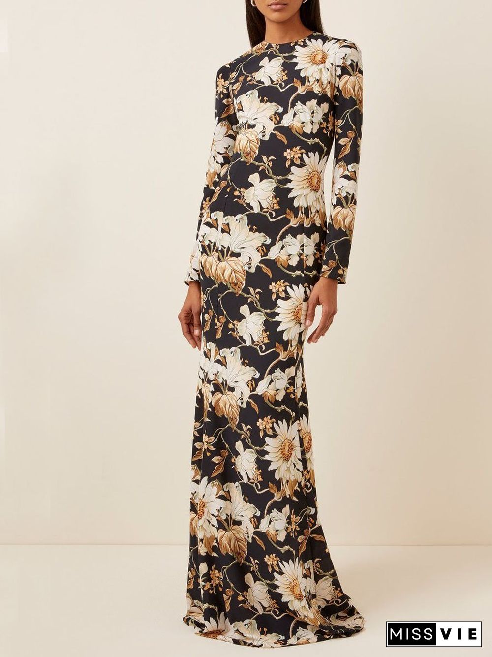 Slim Black Silky Flower Printed Straight Full Length Dress