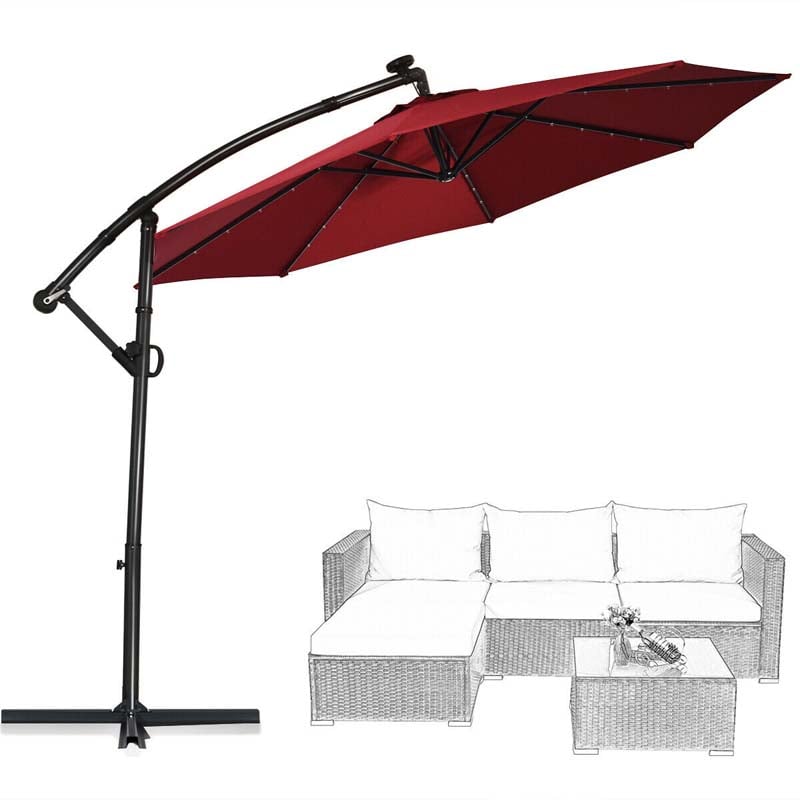 10 FT Patio Offset Umbrella with Solar Lights 360° Rotation Outdoor Market Umbrella with Crank Handle & Cross Base