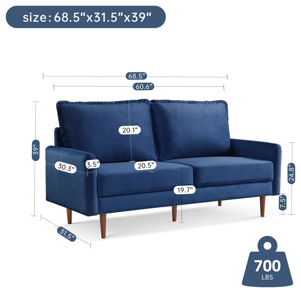 38.6H x 68.5W x 31.5D Blue Velvet Upholstered Loveseat   Midcentury   Loveseats   by IDEAZ International  LLC  Houzz