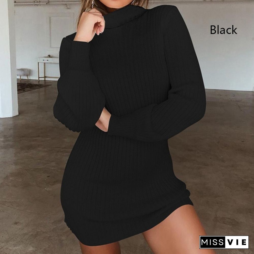 Women Autumn and Winter Long Sleeve Knitted Sweater Dress Ladies Fashion Keep Warm Knitting High Collar Slim Fit Bottoming Mini Knitting Dress