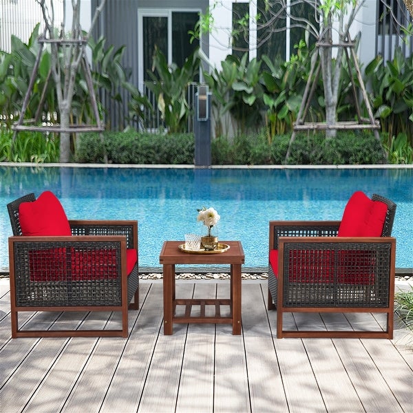 3PCS Patio Wood Wicker Conversation Furniture Sofa Set with Cushion - Overstock - 37500666