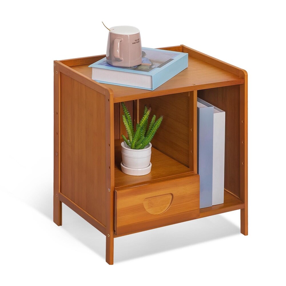 Bamboo Nightstand with Open Shelves and Drawer for Bedroom