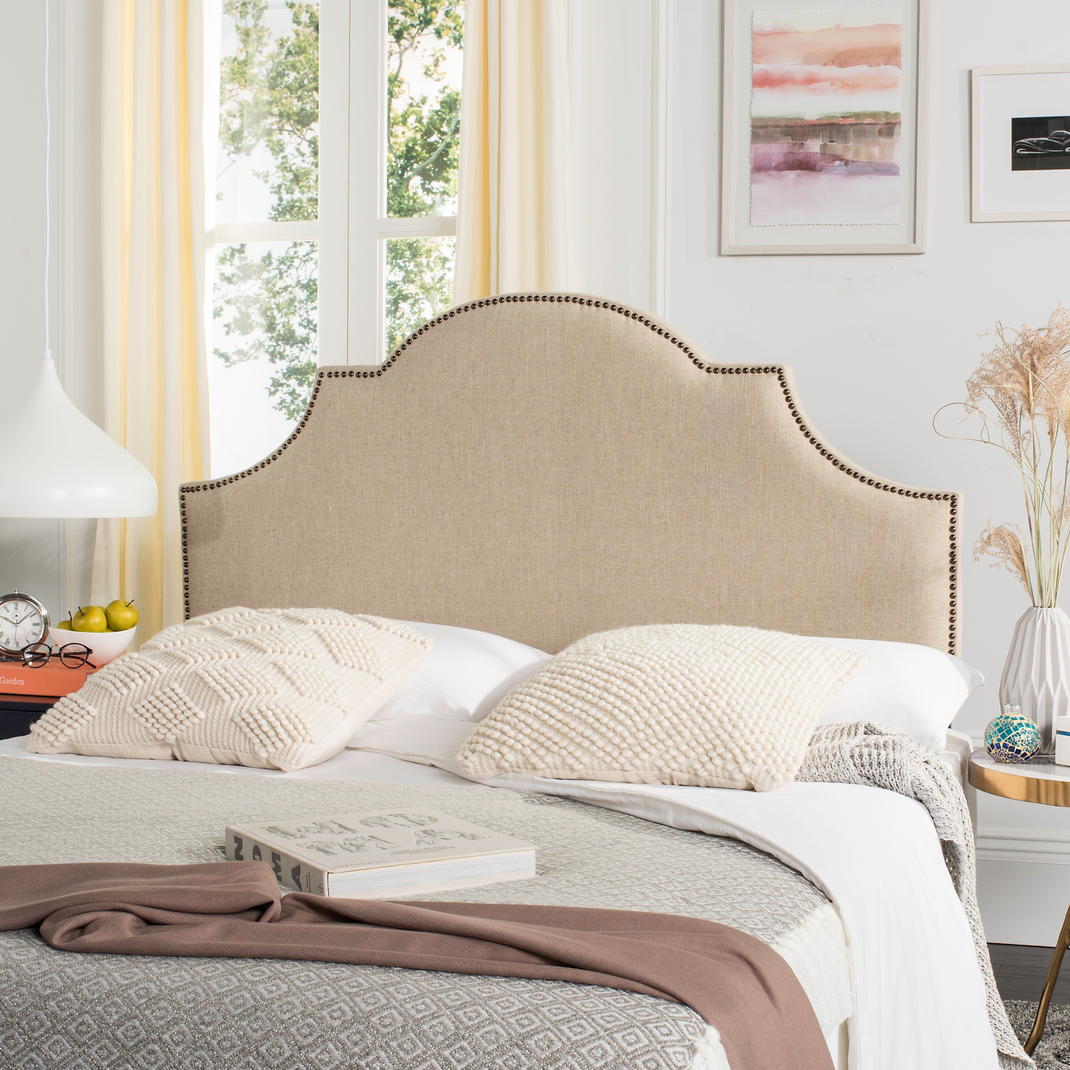 Safavieh Hallmar Hemp Linen Upholstered Arched Headboard - Brass Nailhead (Queen) - - 8306977