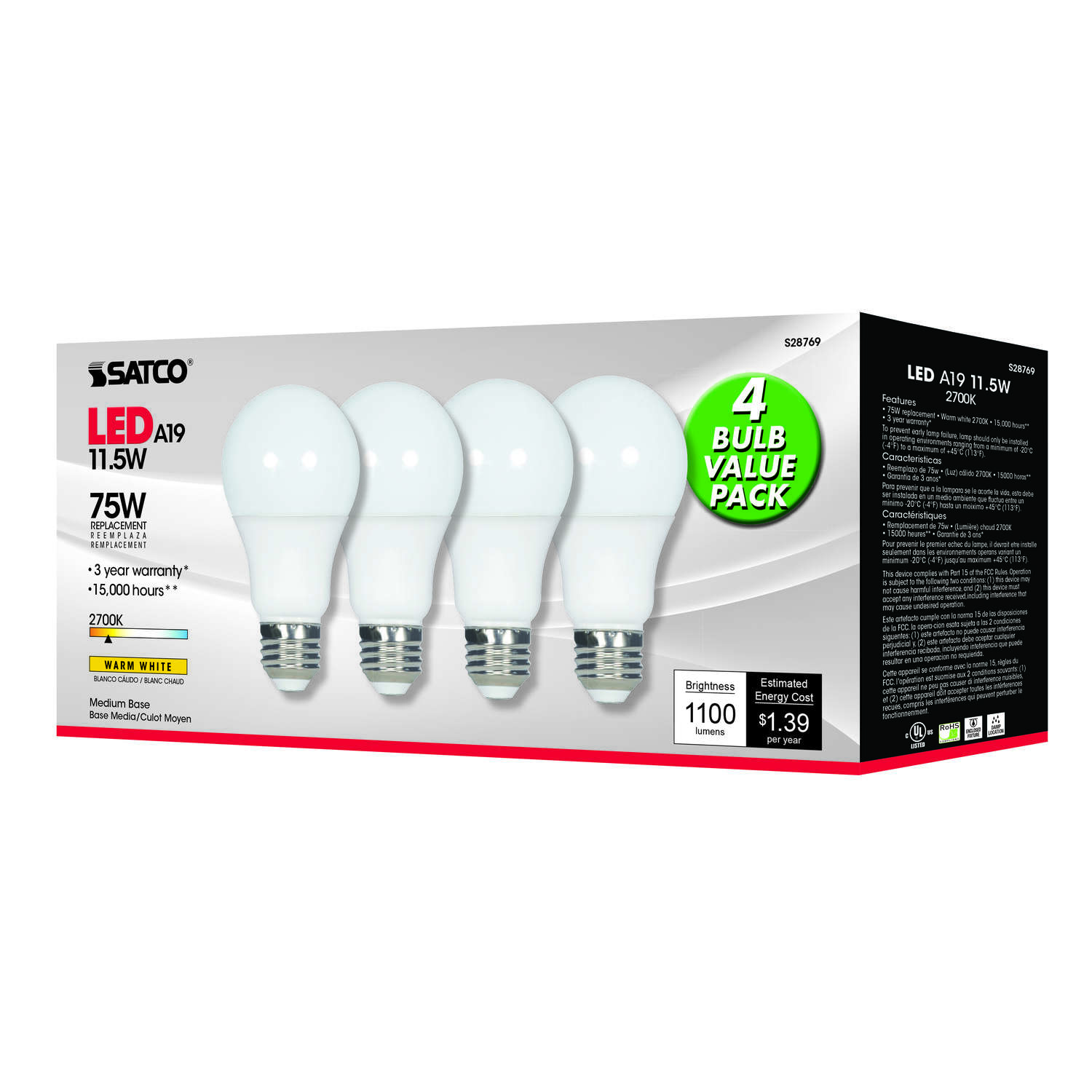 Satco Type-A A19 E26 (Medium) LED Bulb Warm White 75 Watt Equivalence 4 pk