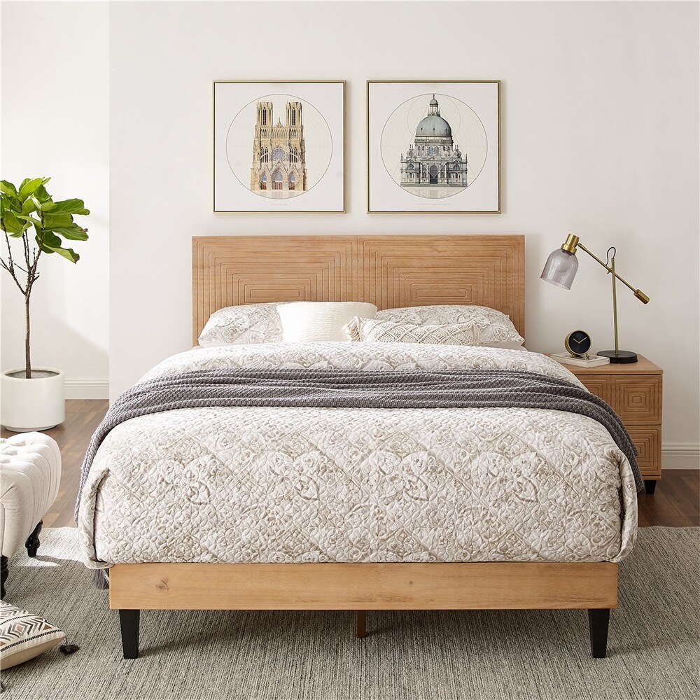 MUSEHOMEINC Mid Century Modern Solid Wood Platform Bed King Size Bed Frame with Adjustable Height Headboard No Box Spring Needed