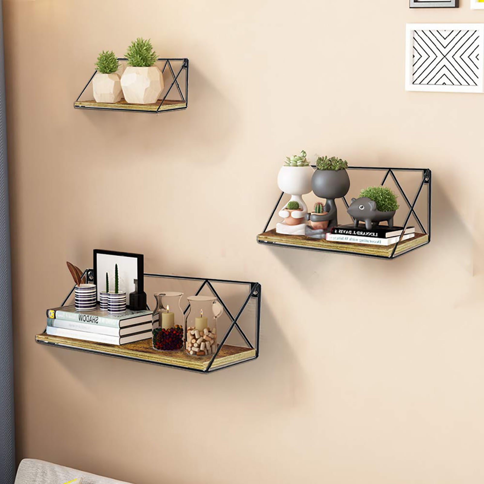 3 Pack Floating Wall Shelves Mounted, Rustic Wood Wall Storage Shelf for Living Room, Bedroom, Bathroom, Black and Brown