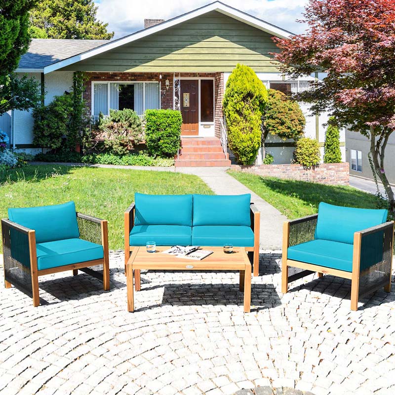 4 Pcs Acacia Wood Outdoor Loveseat Sofa Set with 2 Single Chairs & Coffee Table, Cushions