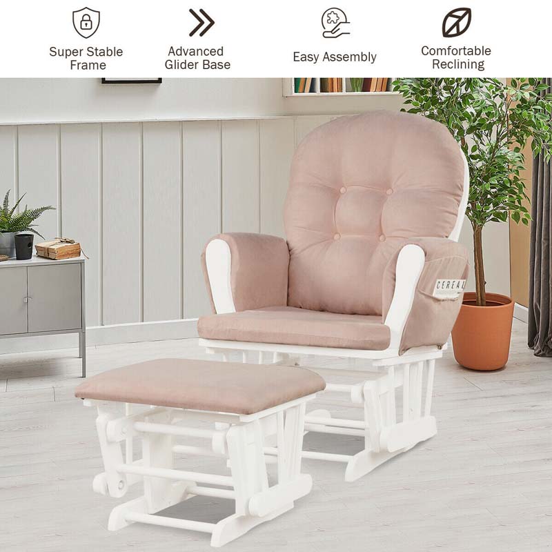 Glider Rocking Chair & Ottoman Set Solid Wood Baby Rocker Nursery Chair With Padded Cushions & Pockets