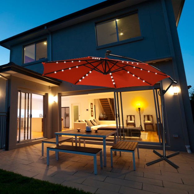 Costway 10ft Patio Offset Umbrella Solar Led 360degrees Rotation Orange