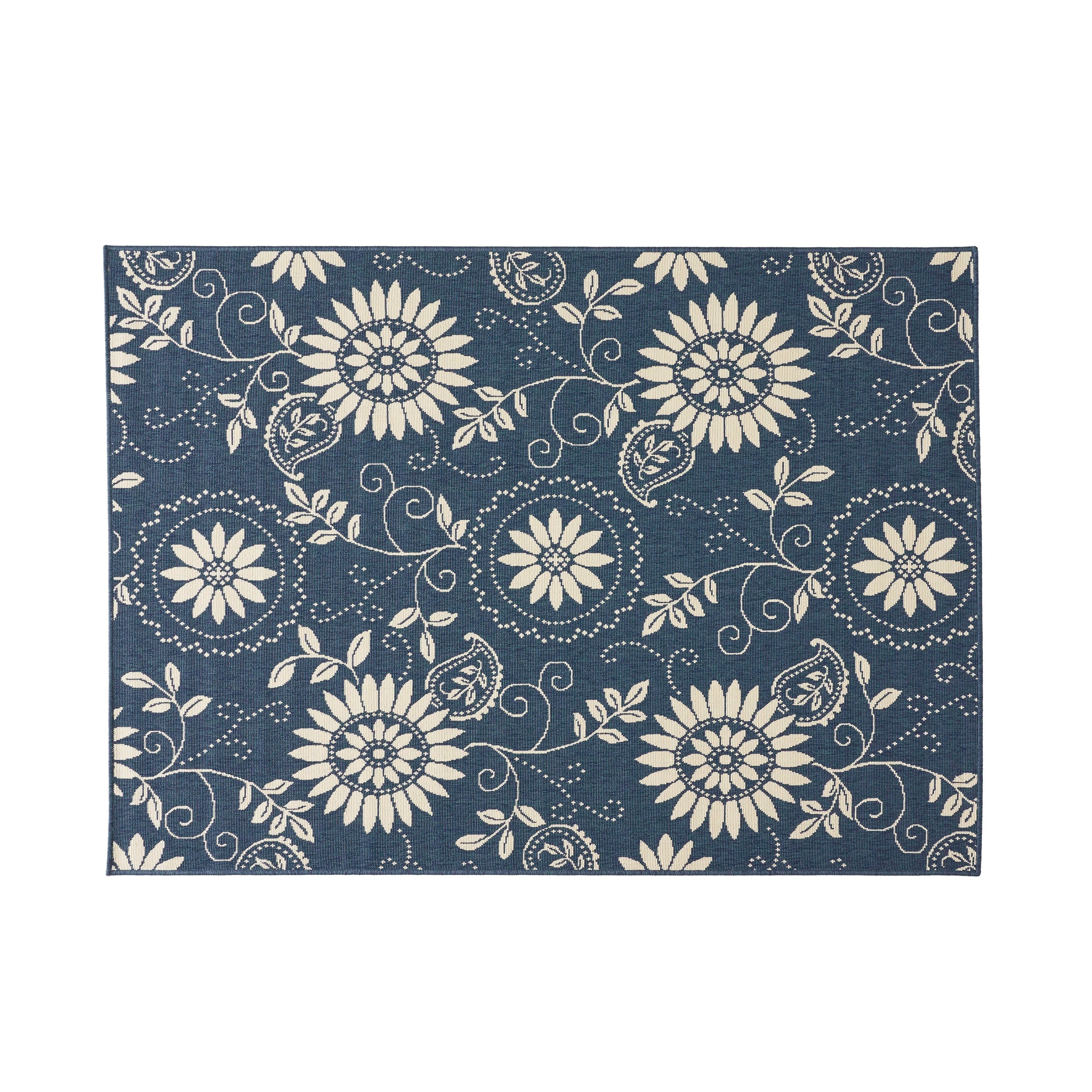 Bubles Outdoor Botanical Area Rug, Blue and Ivory