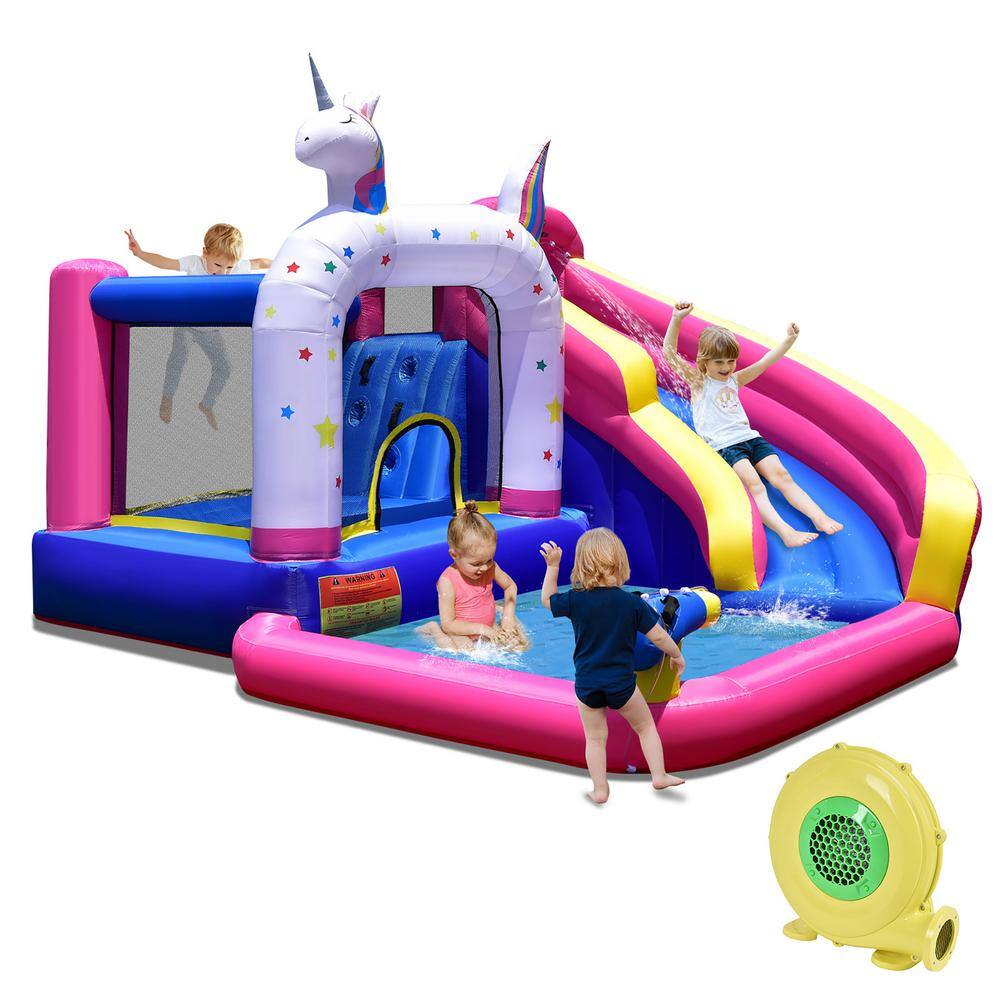 Costway Unicorn Theme Inflatable Water Slide Kids Bounce Castle Bounce House with 480-Watt Air Blower NP10432