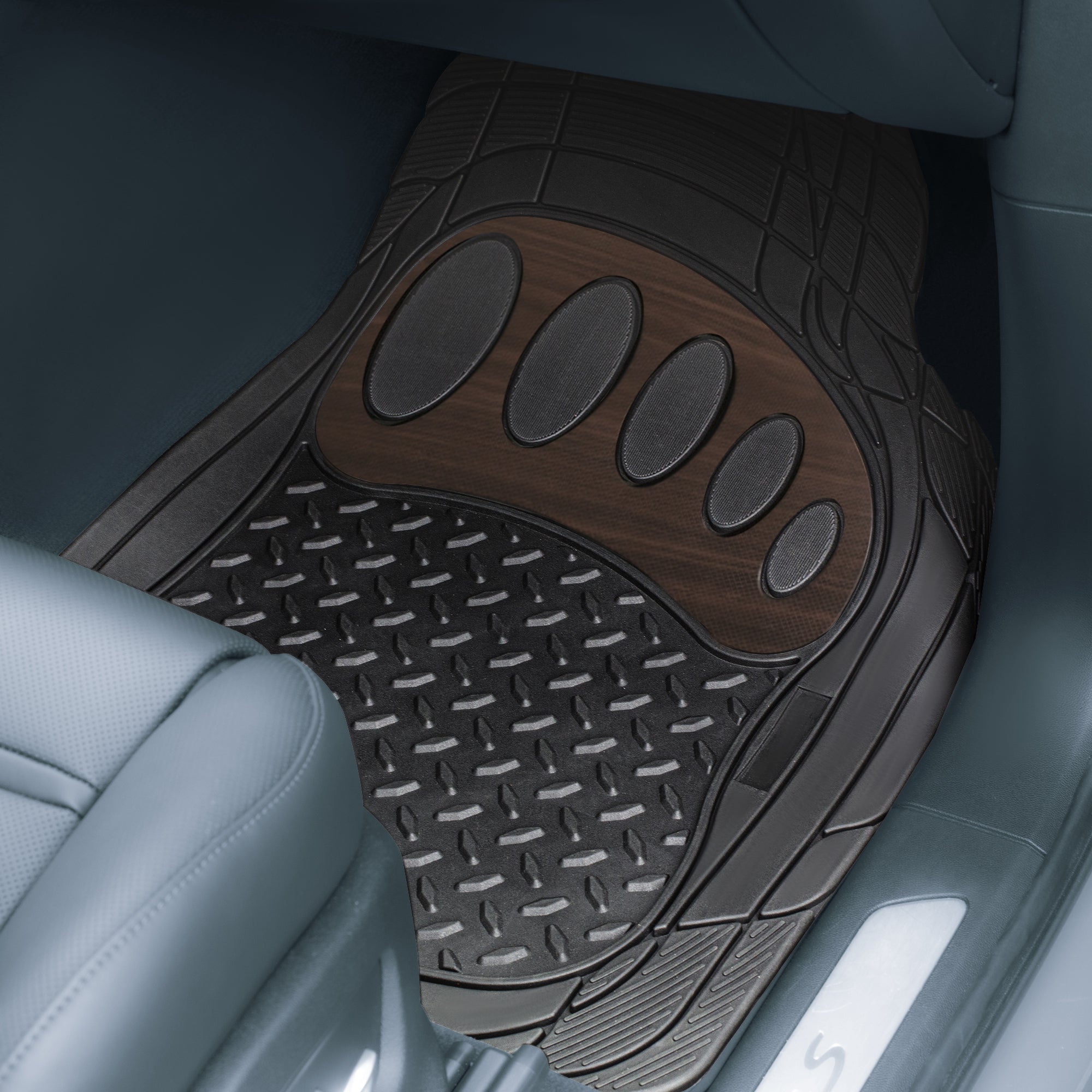 FH GROUP Heavy Duty Rubber Floor Mats， Woodgrain Pattern， Black