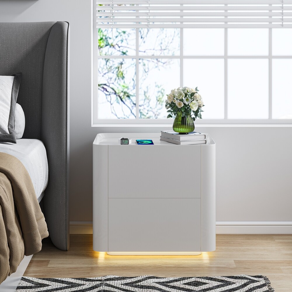 2 Drawer Modern Nightstand with Sensor Light  Wood Storage Bedside Table