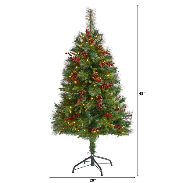 4' Mixed Pine Artificial Christmas Tree with 100 Clear LED Lights，Pine Cones and Berries