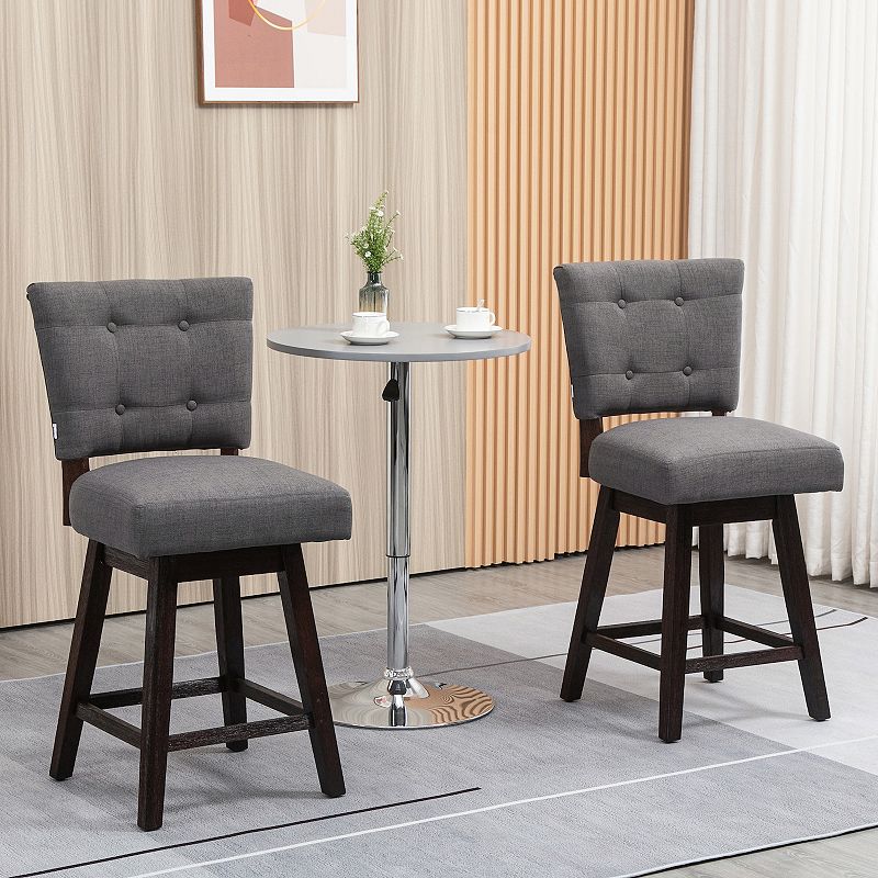 HOMCOM Counter Height Bar Stools Set of 2， Fabric Tufted Swivel Barstools 26.5 Inch Seat Height with Rubber Wood Legs and Footrest for Dining Room， Kitchen， Pub， Grey