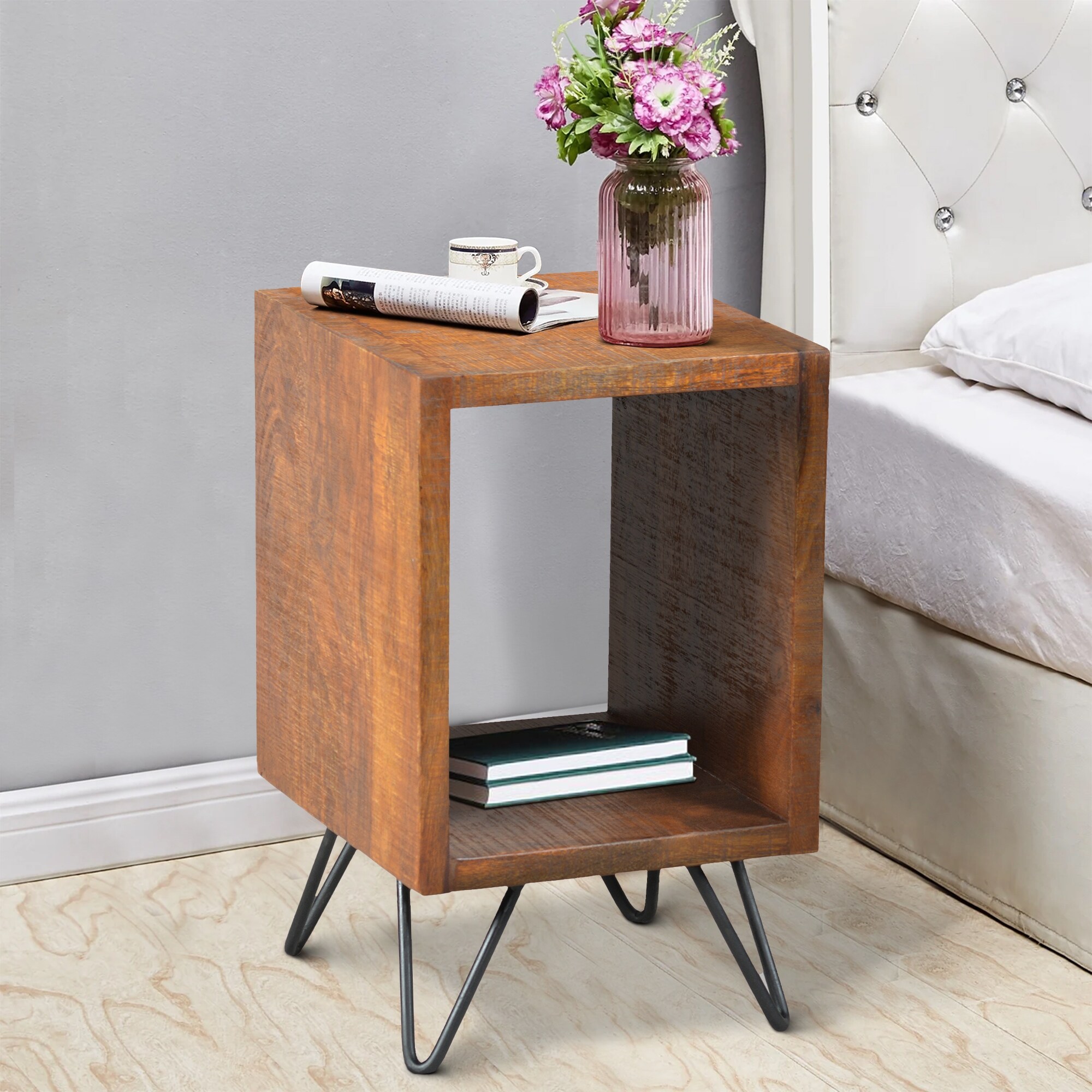 22 Inch Textured Cube Shape Wooden Nightstand with Angular Legs