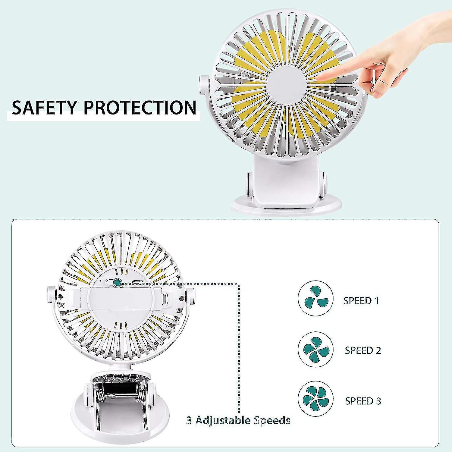 Quiet Usb Fan， Portable Usb Desk Fan With Rechargeable Battery， 3-speed 360 Rotating Cooling Fan For Stroller， Car