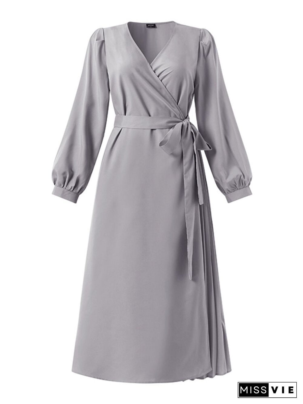 Solid Pleating Tie Up Puff Sleeve V Neck Midi Dresses