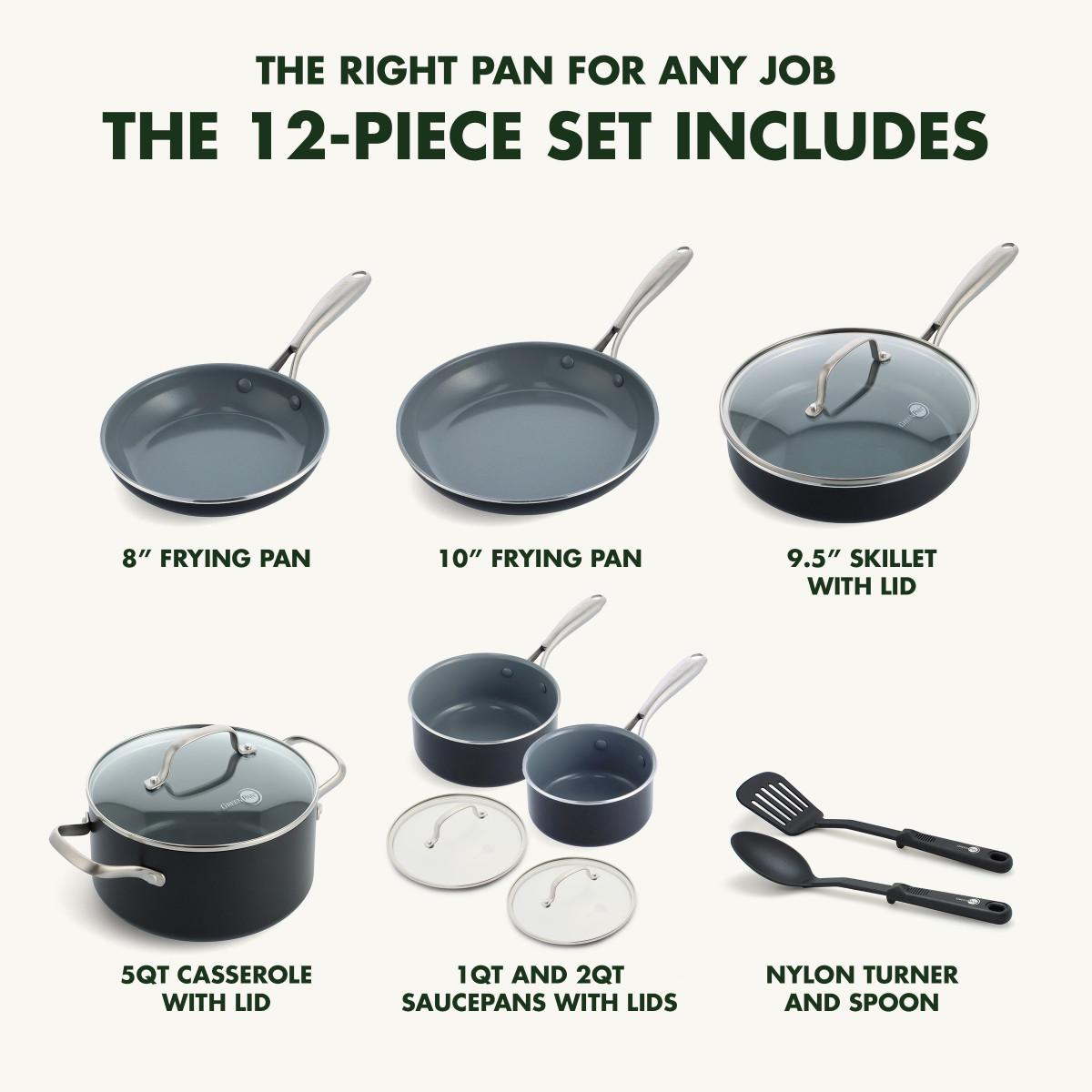 GreenPan Swift Healthy Ceramic Nonstick， 12 Piece Cookware Pots and Pans Set， Stainless Steel Handles， PFAS-Free， Dishwasher Safe， Oven Safe， Black