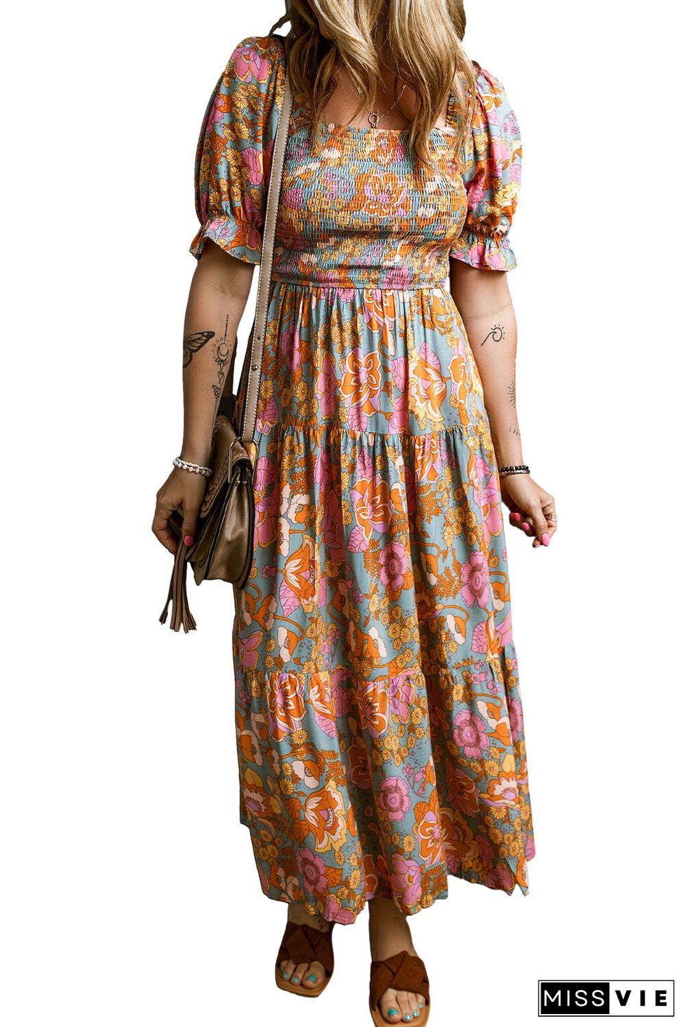 Yellow Smocked Bodice High Waist Puff Sleeve Floral Dress