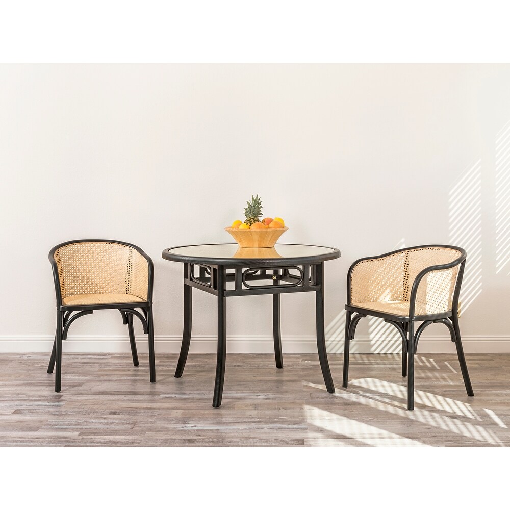 Adna Dining Table in Black with Clear Tempered Glass Top over Cane in Natural