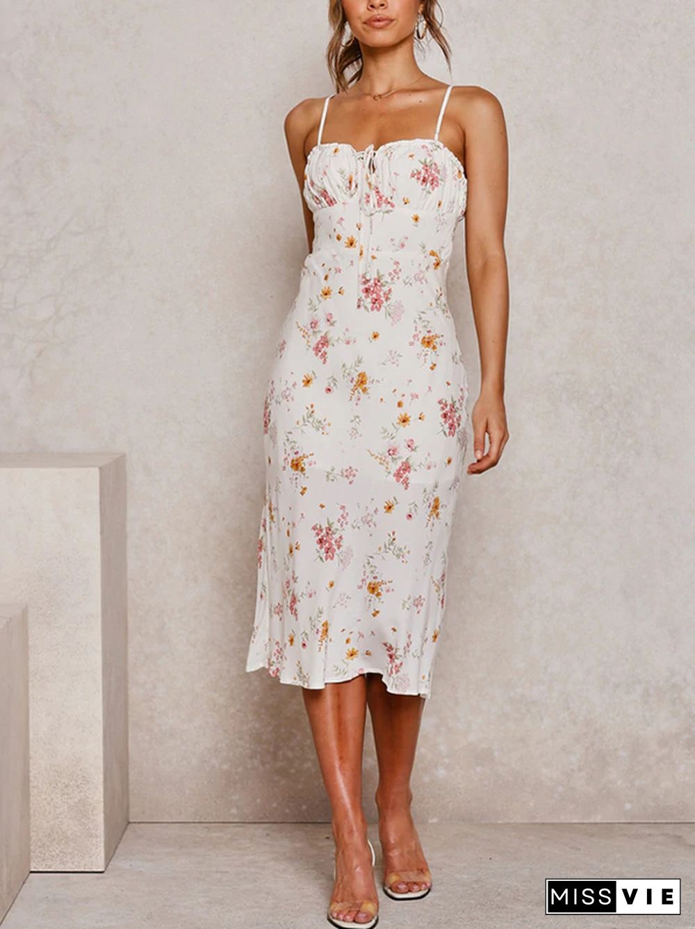 Sweetheart Neck Floral Print Midi Dress