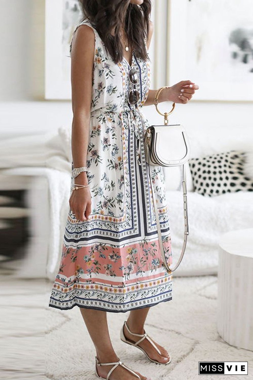 V-Neck Sleeveless Floral Printed Dress