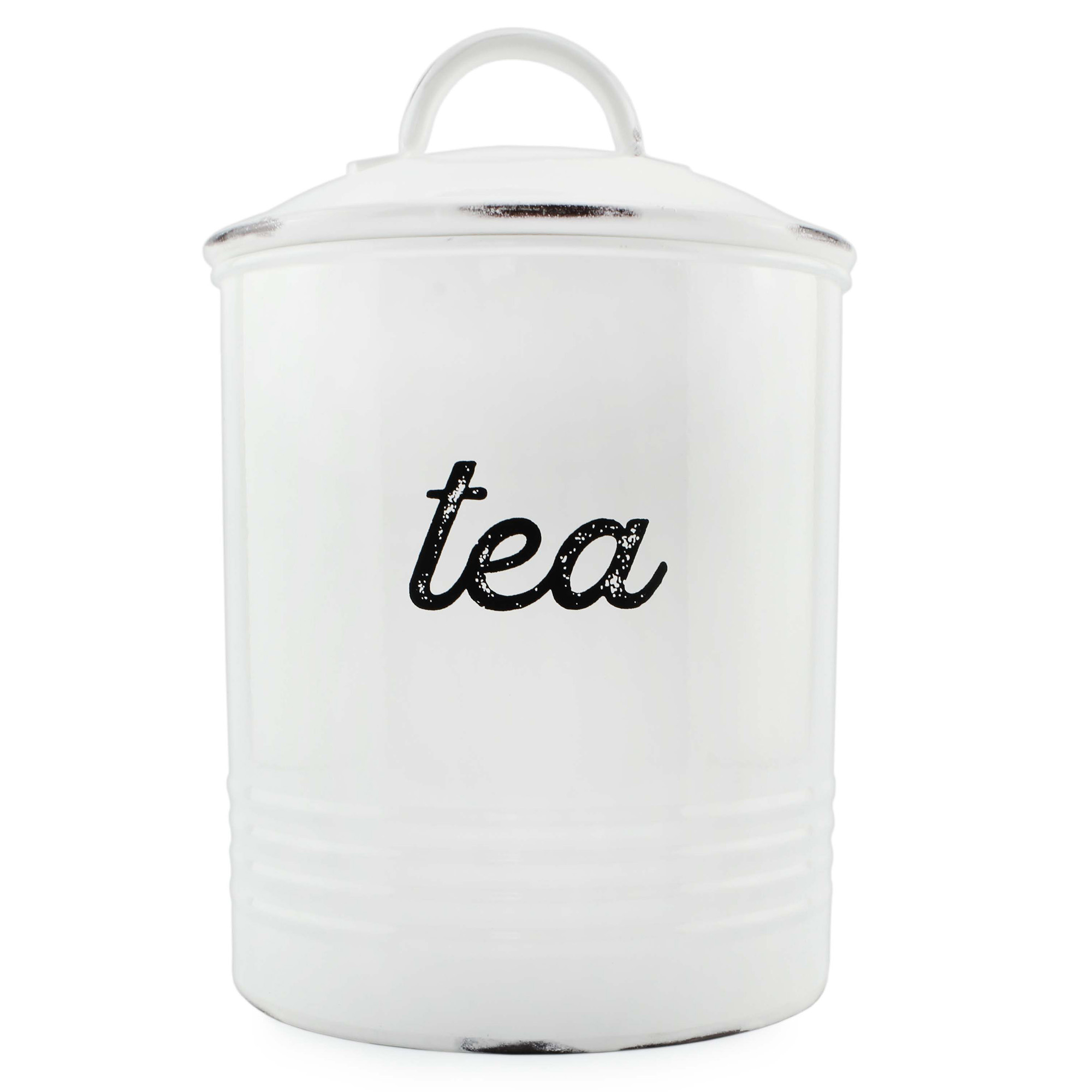 AuldHome Enamelware White Tea Canister; Rustic Distressed Style Tea Storage for Kitchen