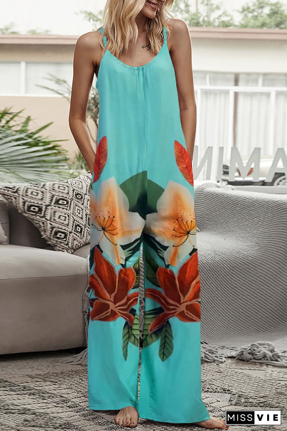 Print Long Pants Loose Jumpsuit Wholesale