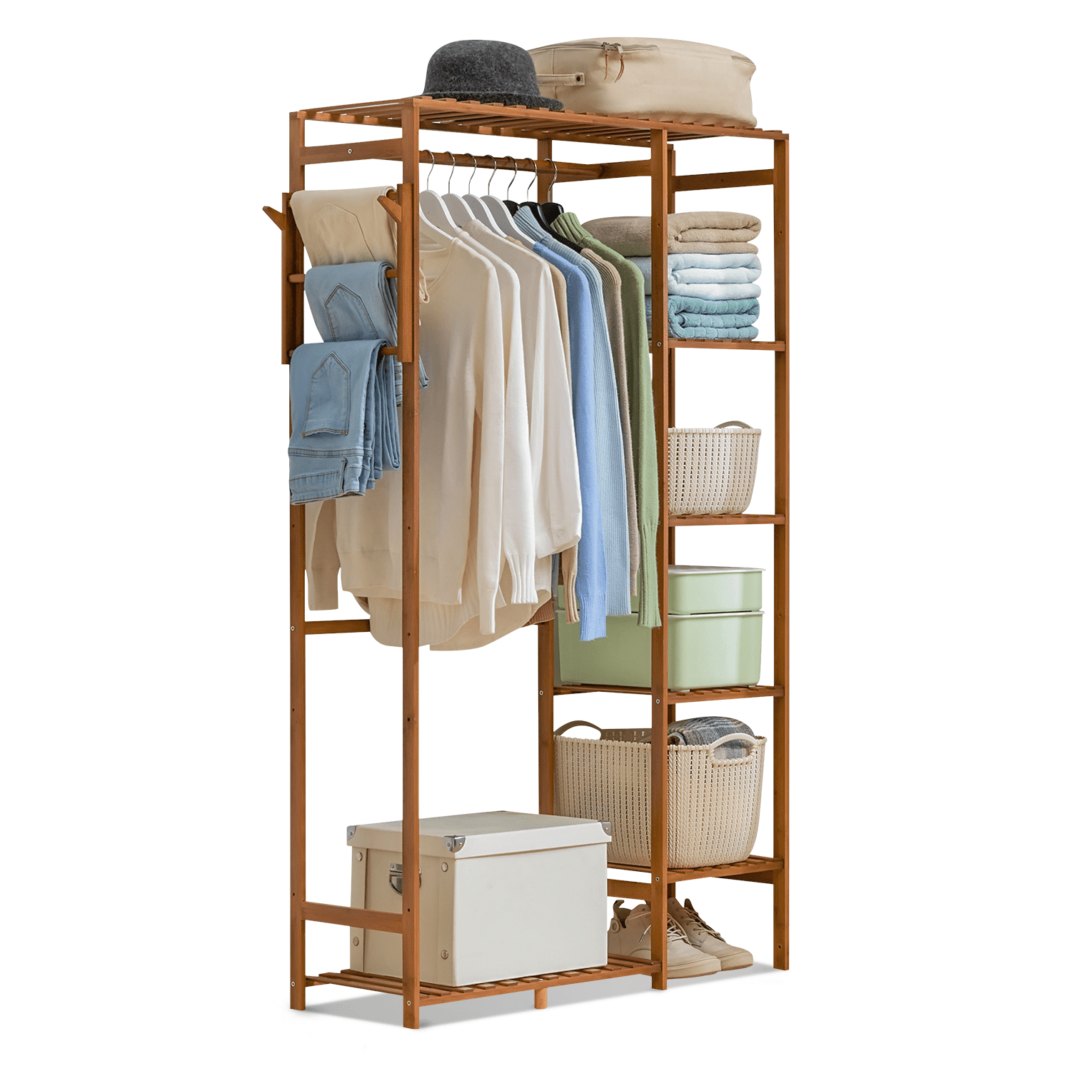 MoNiBloom Bamboo 6 Tiers Coat Pants Rack， Hanging Rod Closet Organizer Wardrobe， Brown， for Home