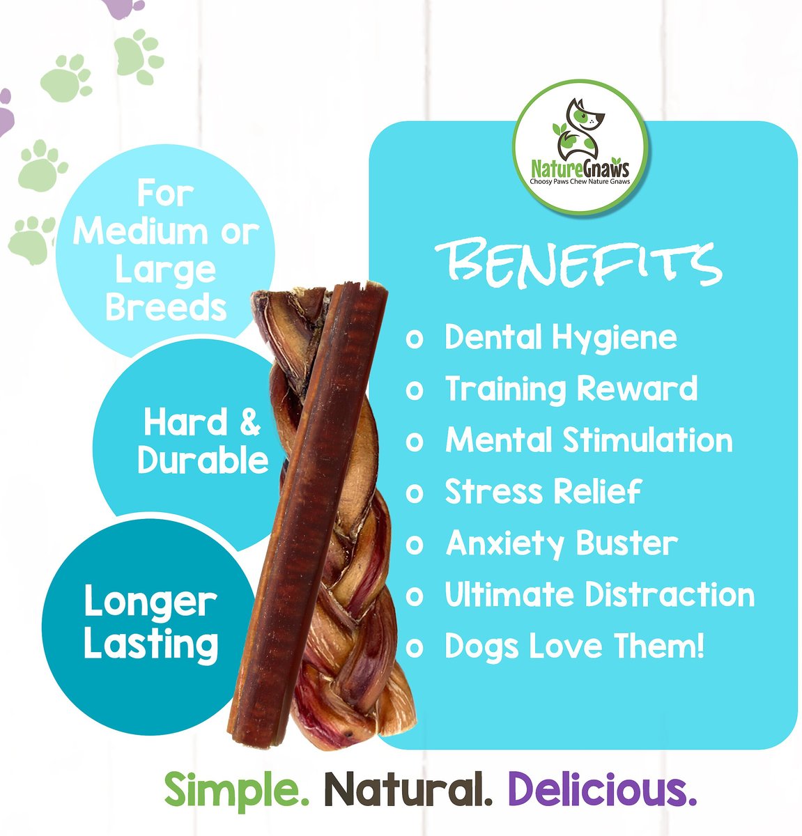 Nature Gnaws Large Bully Stick and Braided Bully Stick Combo Dog Treats， 6 count