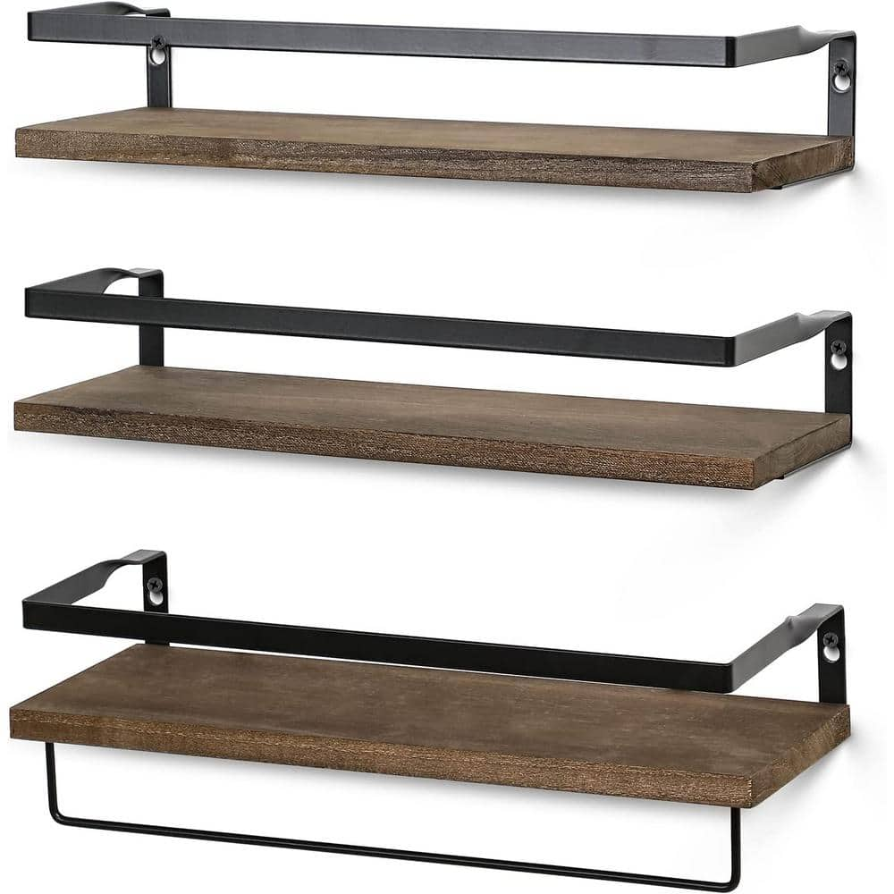 Indoor and Outdoor Dark Brown Wooden Wall Mounted Plant Shelves with 1 Towel Bar， Storage Organizer (Set of 3) B09YNJJVVB