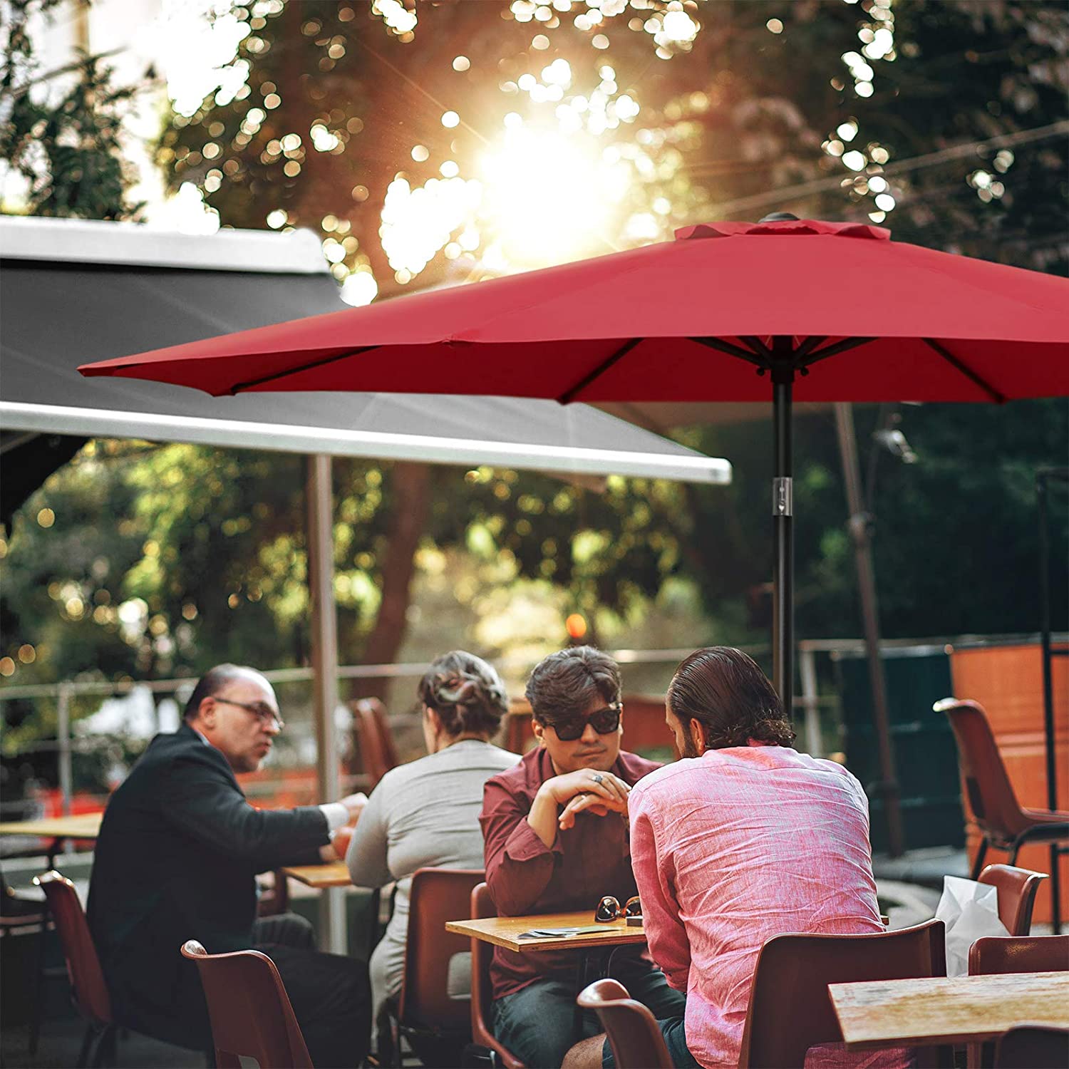 Simple Deluxe 9ft Outdoor Market Table Patio Umbrella with Button Tilt and 8 Sturdy Ribs, Red