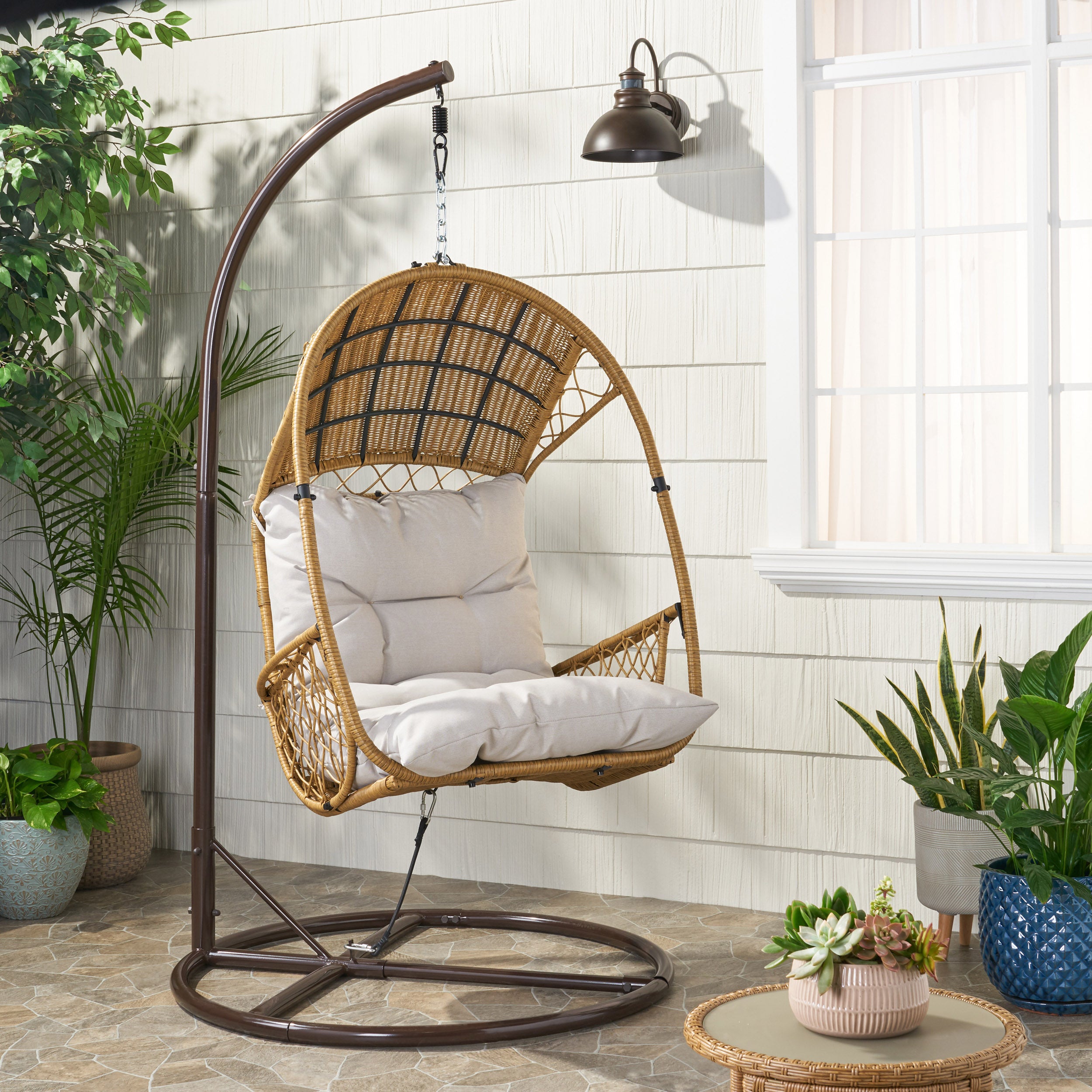 Primo Outdoor Wicker Hanging Basket Egg Chair with Stand