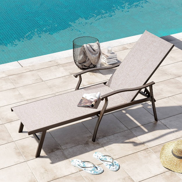 Outdoor Aluminum Adjustable Chaise Lounge Chair With Arms Beige Crestlive Products